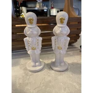 Nutcracker 2 Figurines Ceramic Porcelain White Gold Decor Christmas Mantle 6.5”
